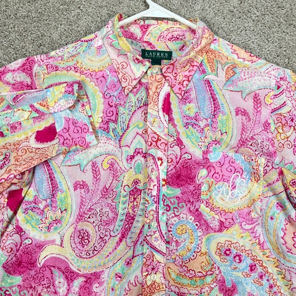 Lauren Ralph Lauren Long Sleeve Sleepshirt S/M Paisley Print Roll Tab His Shirt